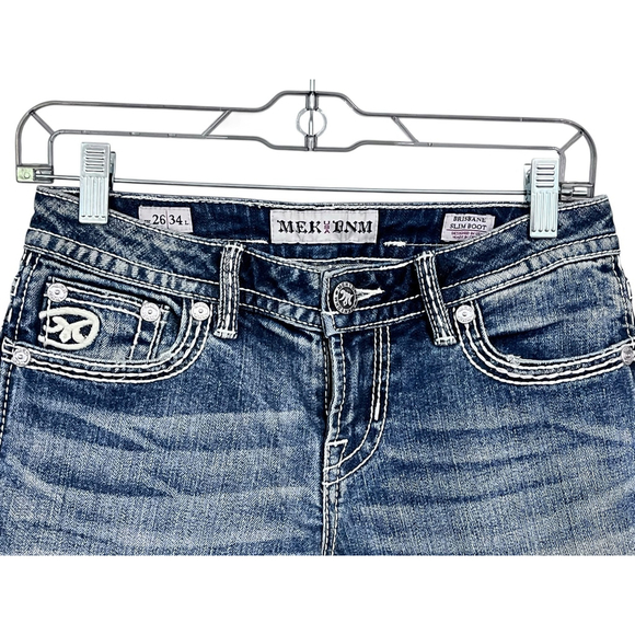 Mek Denim Brisbane Y2K Embroidered Studded Slim Boot Cut Jeans Size 26x34 Rave - Picture 3 of 6